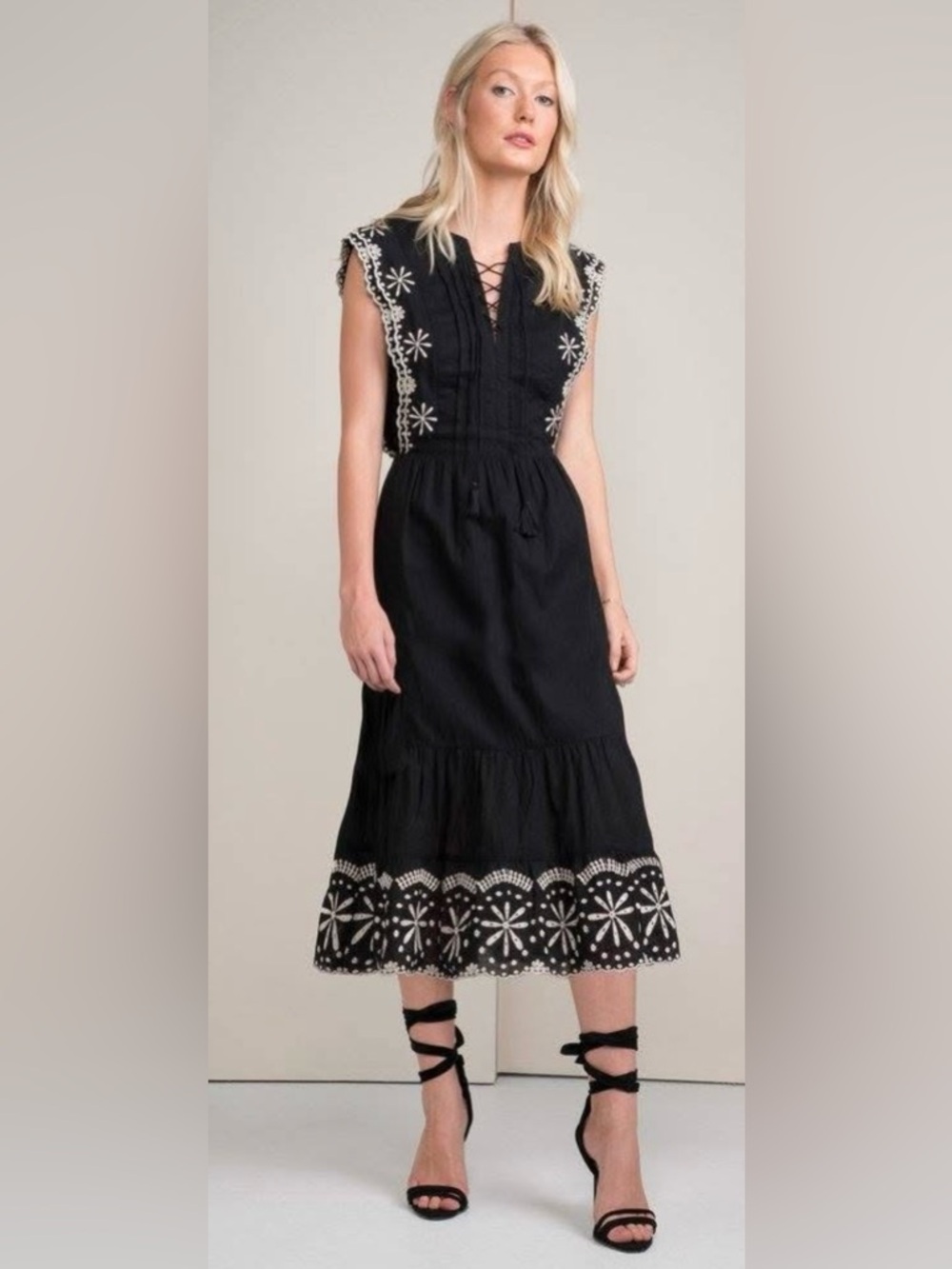 Greylin Anthropologie April Eyelet Black Midi Cotton Dress Embroidered Hem